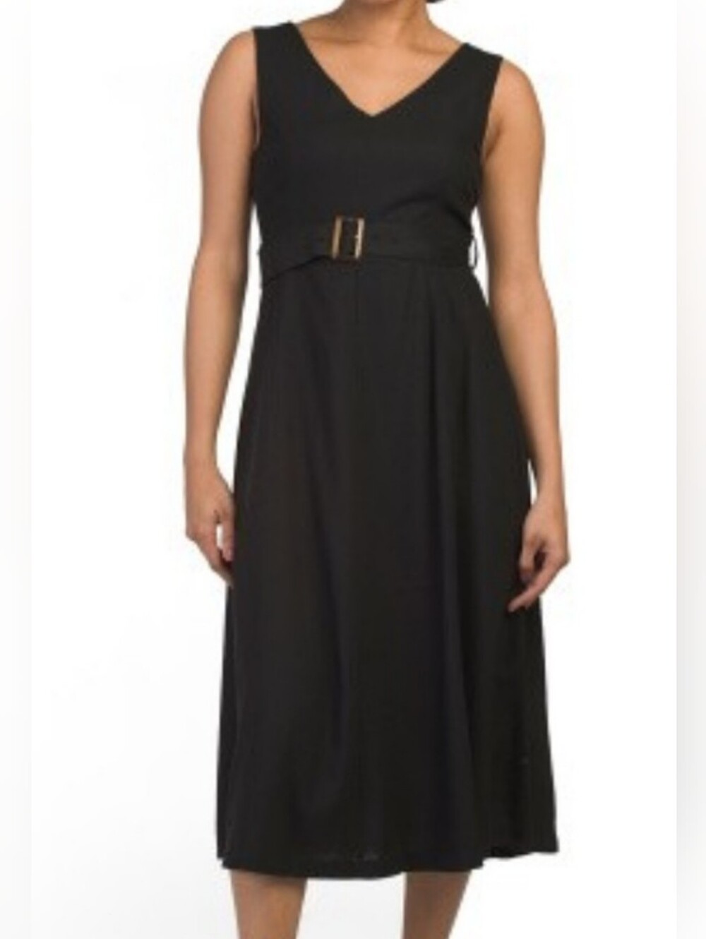 NWT - Ellen Tracy Linen Blend Belted Black Sleeveless V-Neck Midi Dress - Size L